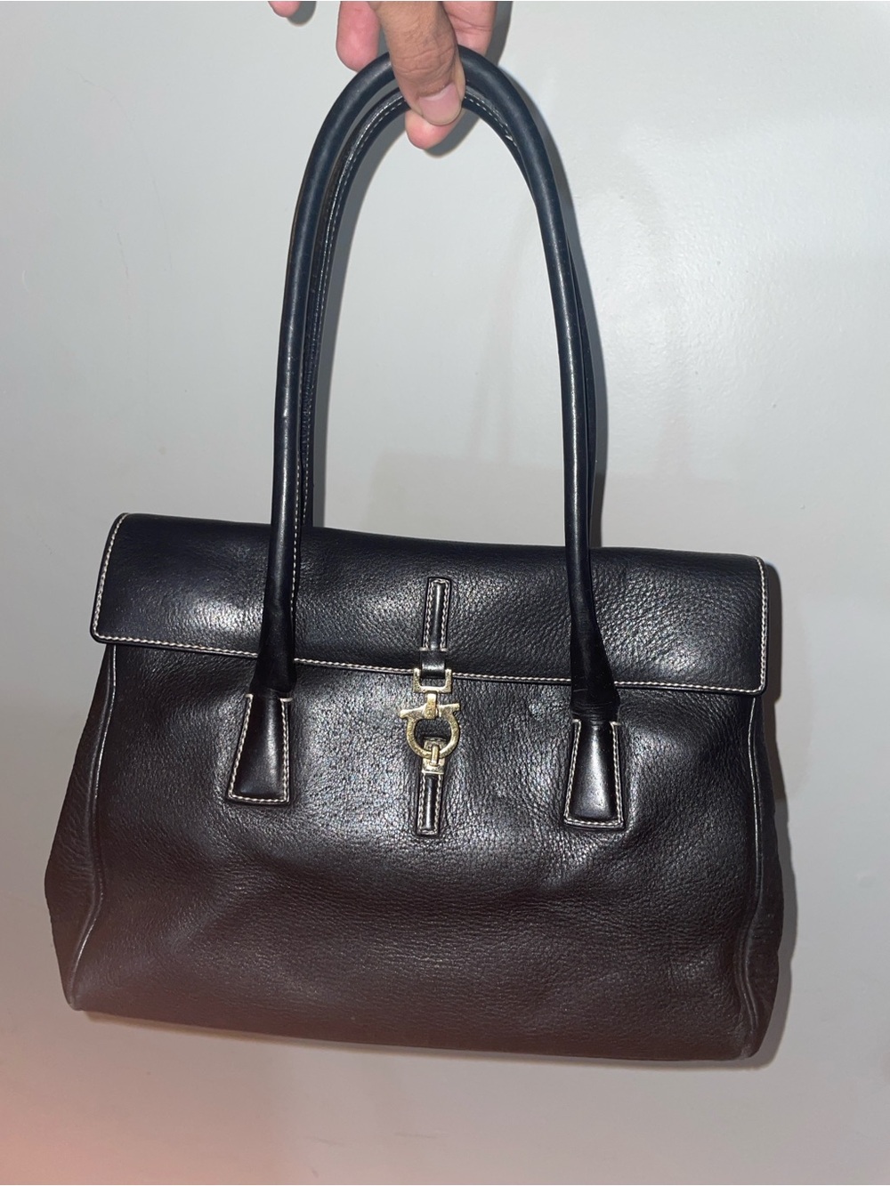 Salvatore Ferragamo Vintage Black Leather Shoulder Bag with Gold Hardware